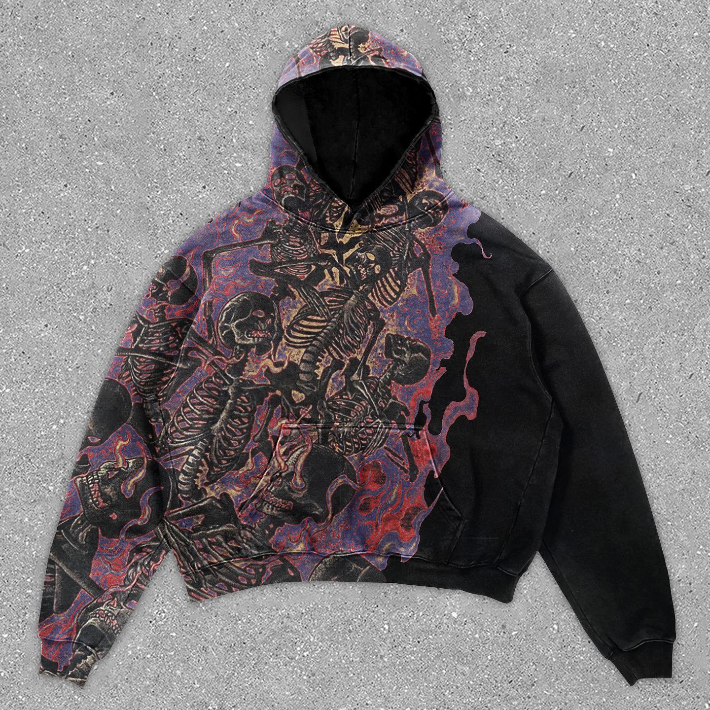 Retro Skull Graphic Print Black Hoodie