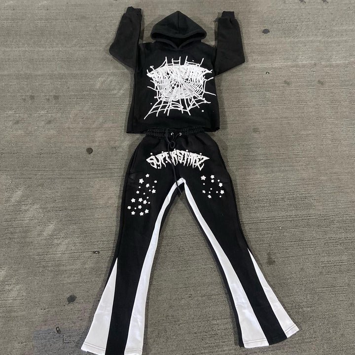 Spider Web Graphic Hoodie & Contrast Flared Sweatpants