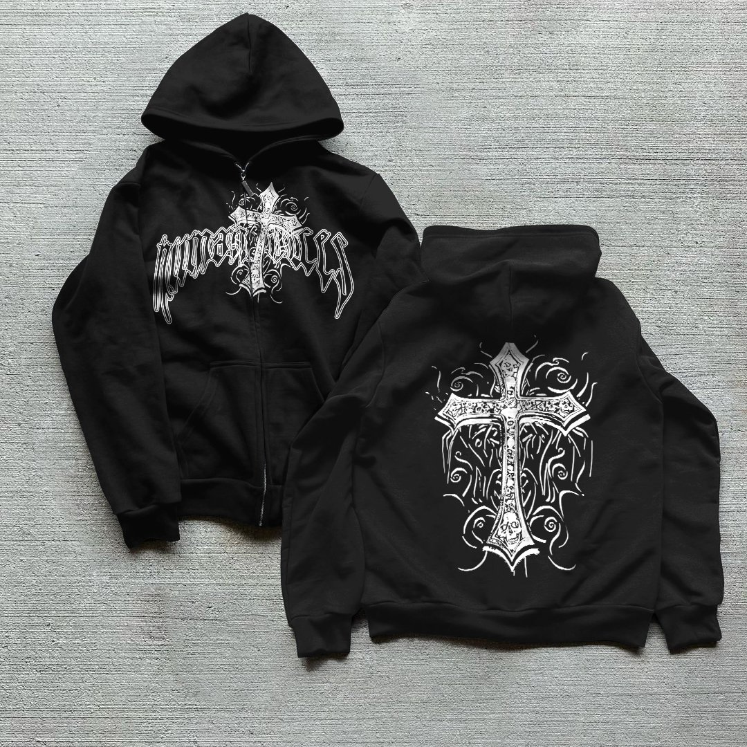 Street Cross Gothic Style Print Fleece-Lined Zipper Up Hoodie