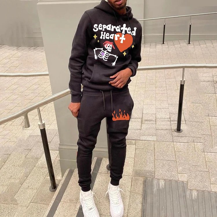 Retro Skull & Heart Graphic Print Hoodie Two Piece Set