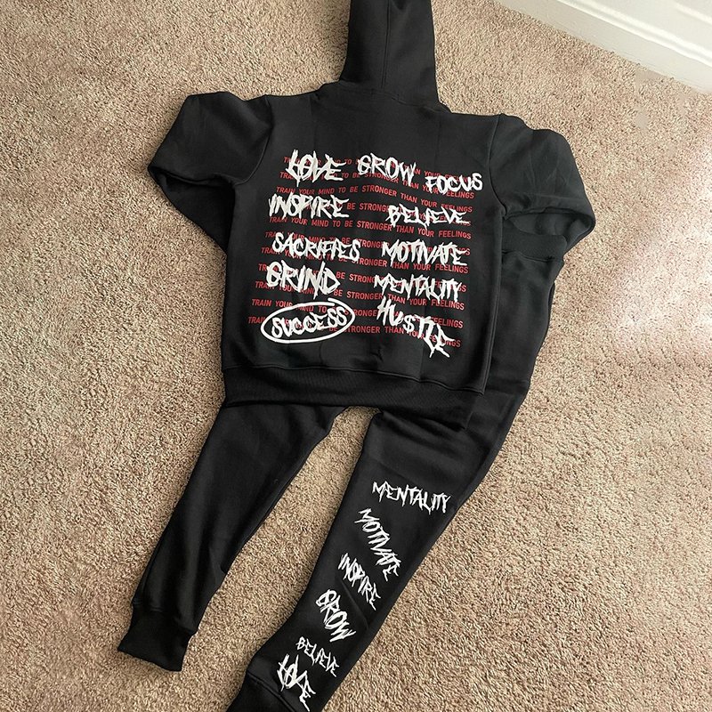 Contrast Slogan Double-Sided Printed Hooded Trousers Men'S Suit