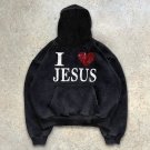""I LOVE JESUS"" Waste Warning Print Washed Hoodie