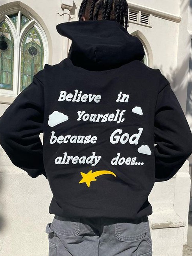Gods Plan My Work &acirc;��Believe In Yourself&acirc;�� Puff Print Long Sleeves Hoodie