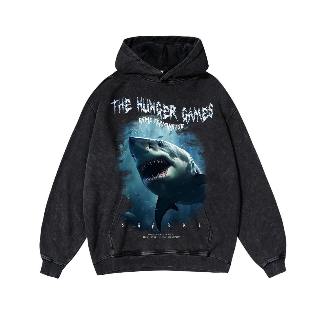 Shark Letters Casual Print Washed Hoodie
