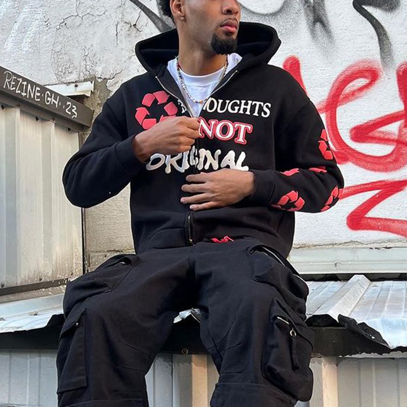 Street Contrast Color Cycle Print Men's Zip Hoodie