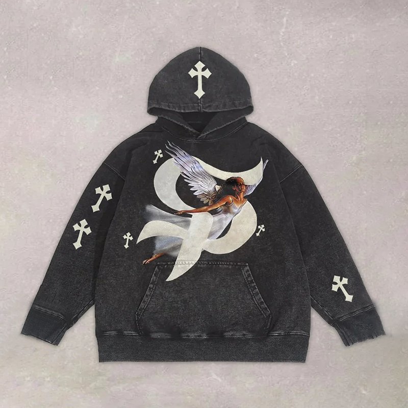 Cross Angel Girl Print Washed Hooded Men'S Sweatshirt