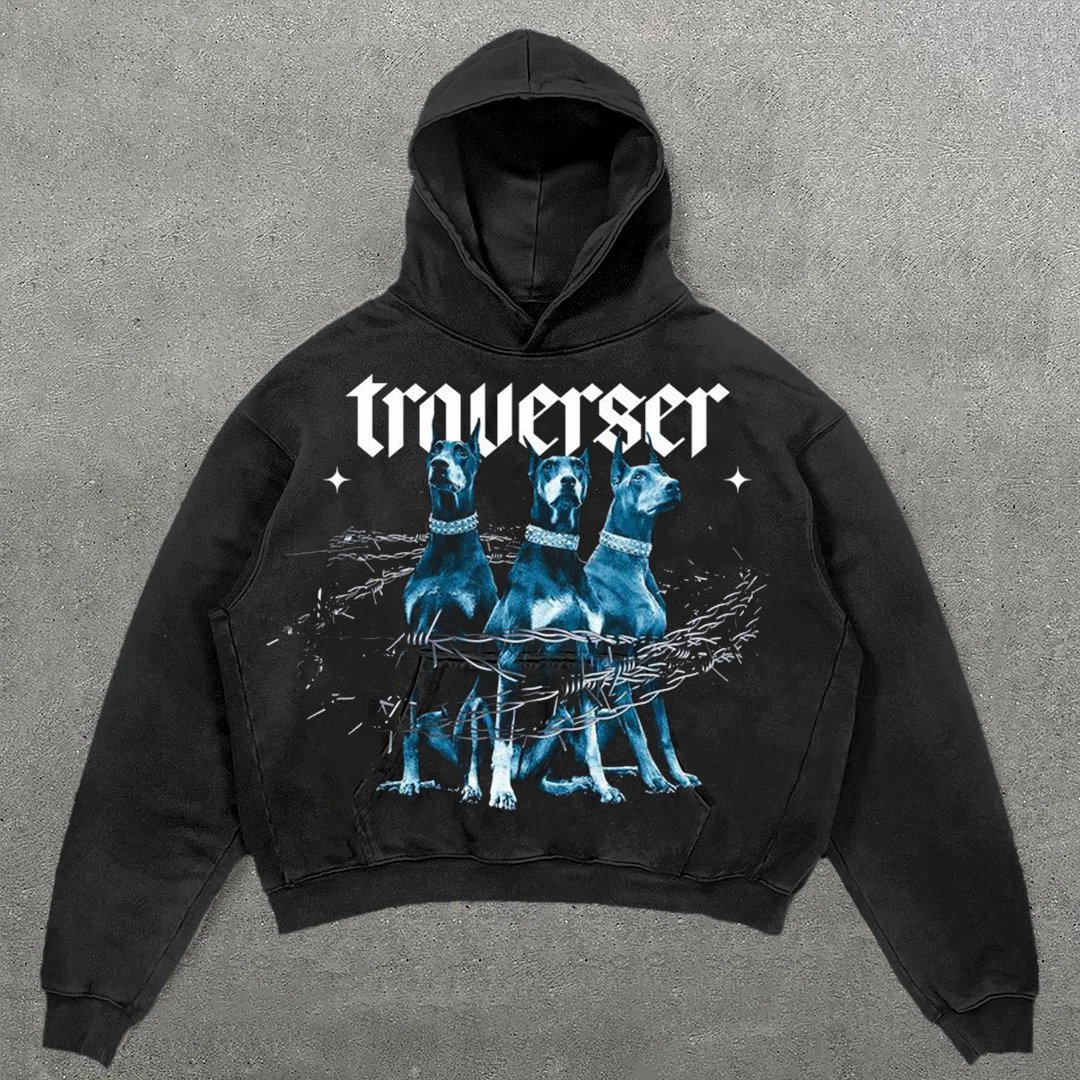 Three Bulldogs Print Washed Cotton Men'S Hoodie