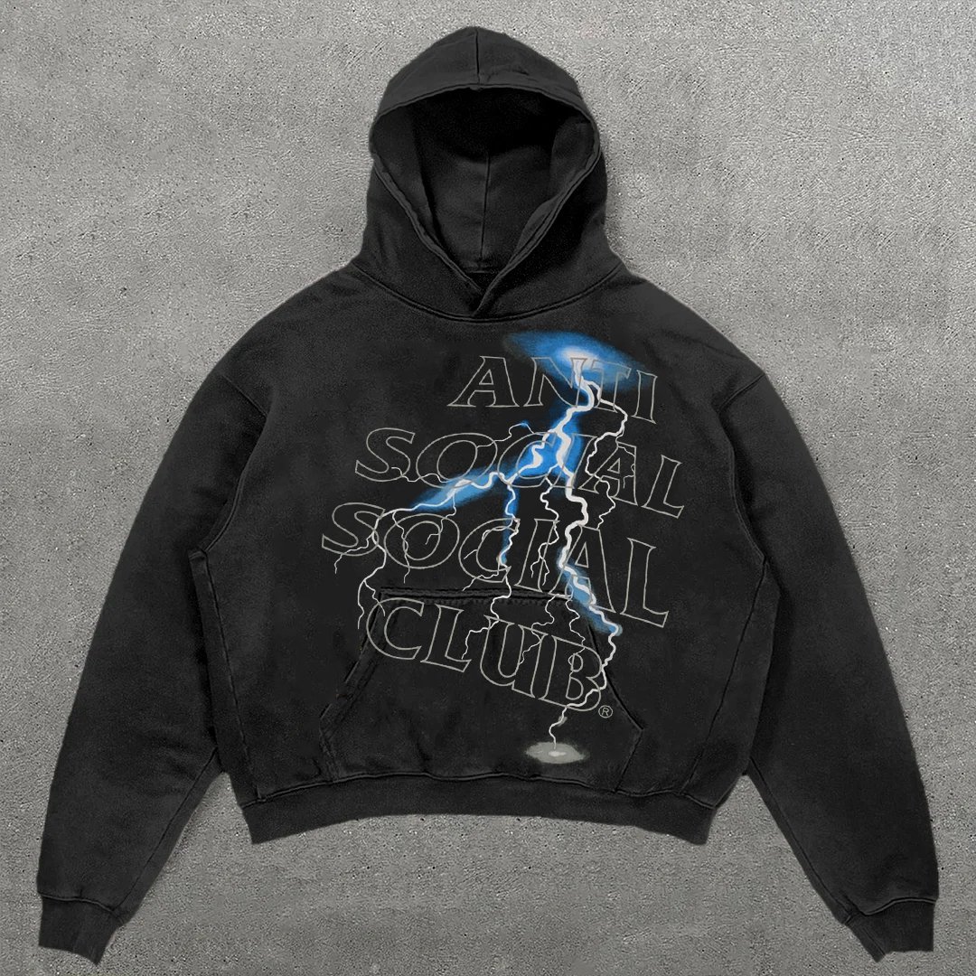 Thunder Letter Print Washed Cotton Men'S Hoodie