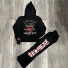 Men Vintage Graphic Black Hooded Sweatshirts Two Piece Set