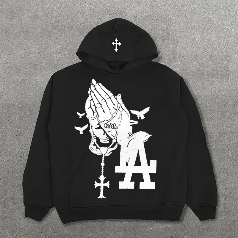 Praying Hands & Los Angeles Print Long Sleeve Hoodies