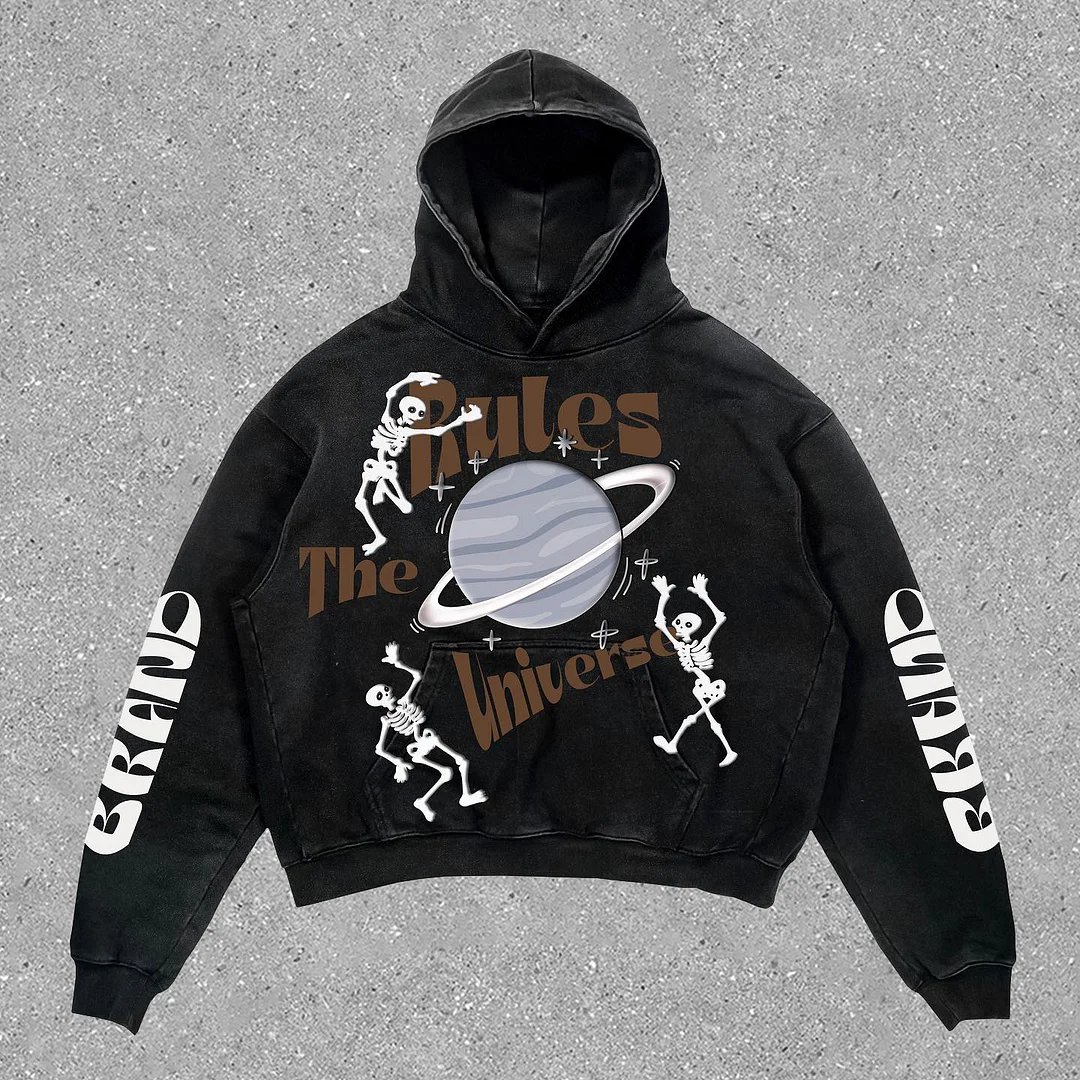 Vintage Street Style Skull Print Washed Hoodie