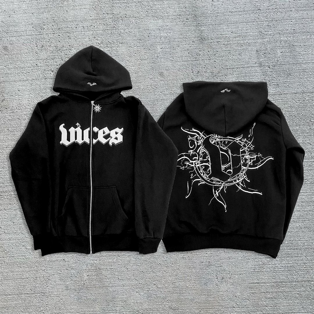 Street Alphabet Print Fleece-Lined Zipper Up Hoodie