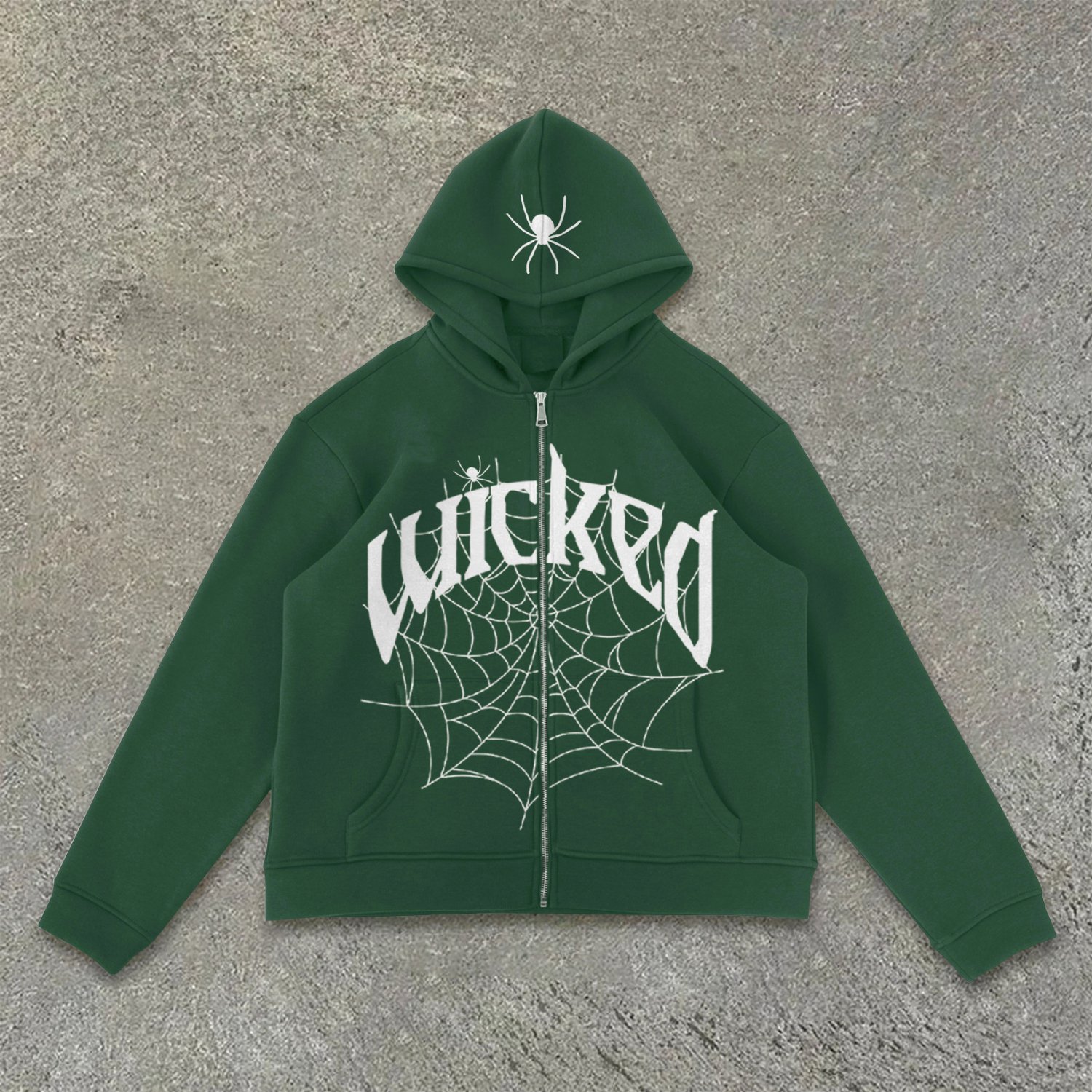Spider Trend Print Green Fleece-Lined Zip-Up Hoodie