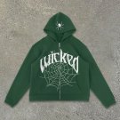 Spider Trend Print Green Fleece-Lined Zip-Up Hoodie