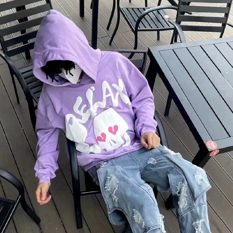 Relax Skeleton Puff Print Fleece Hoodie
