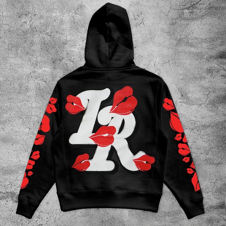 Red Lips Alphabet Print Loose Hoodie