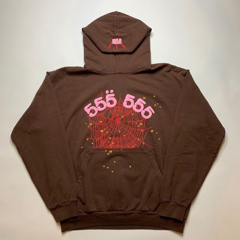 Spider 555 555 Print Brown Hoodie