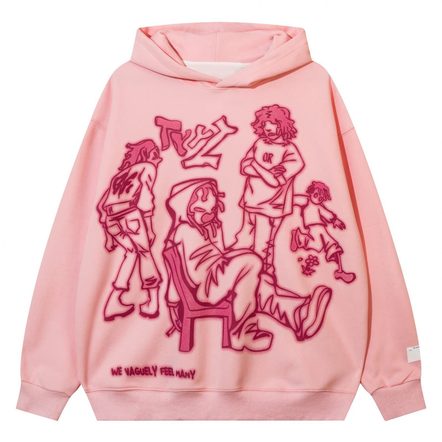 Pink Cartoon Line Character Print Hoodie