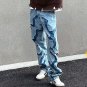 Men's High Street Washed Distressed Blue Patchwork Jeans