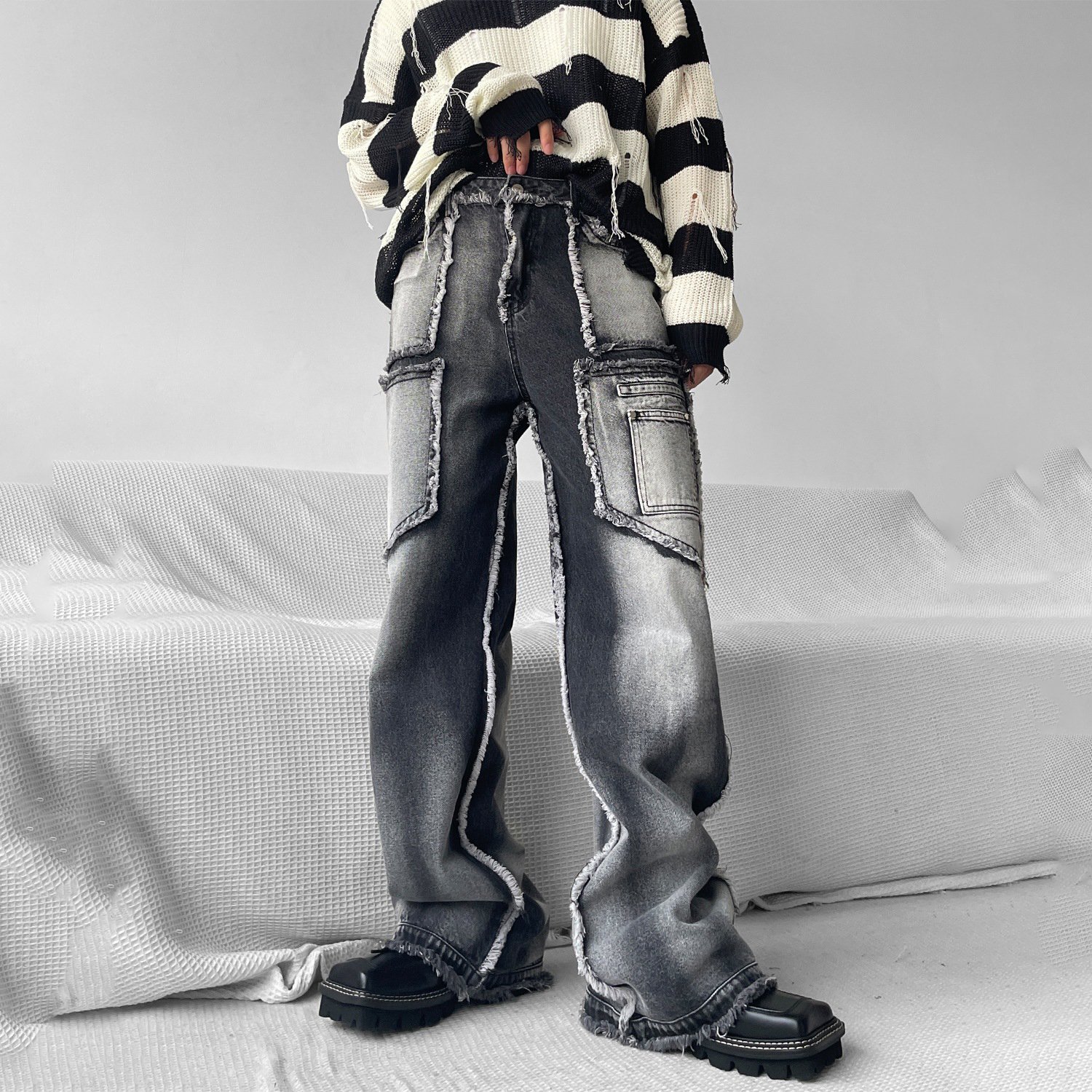 Niche Design Sense Tooling Raw Edge Wide-Leg Jeans