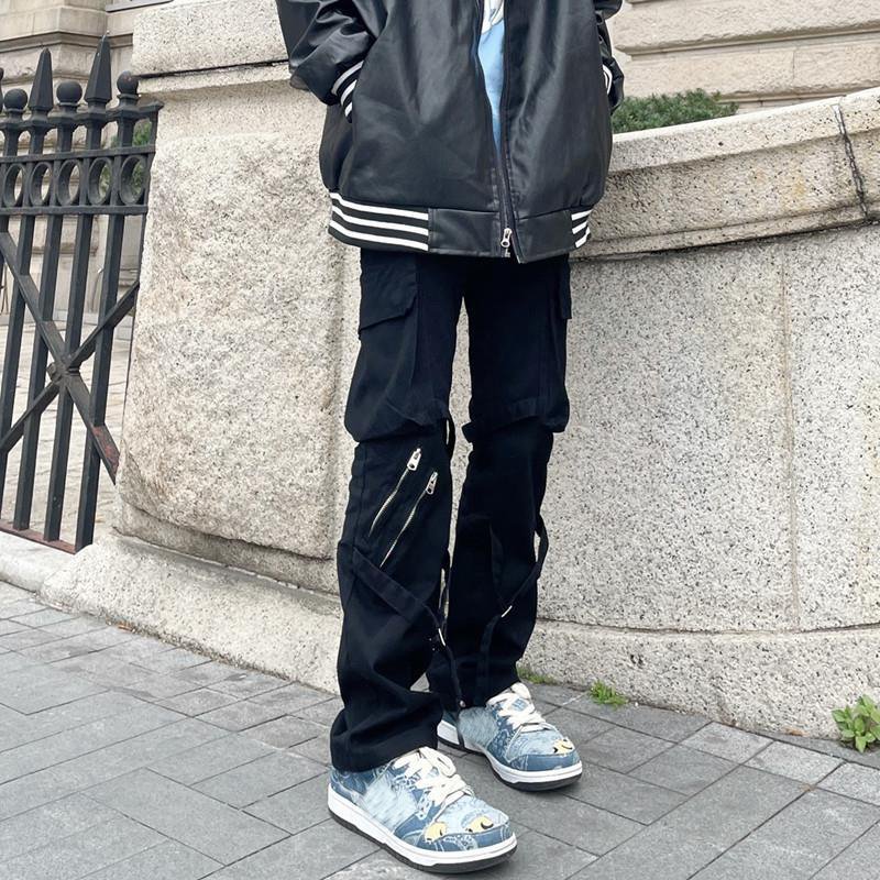 Casual Solid Color Multi-Pocket Zipper Pants