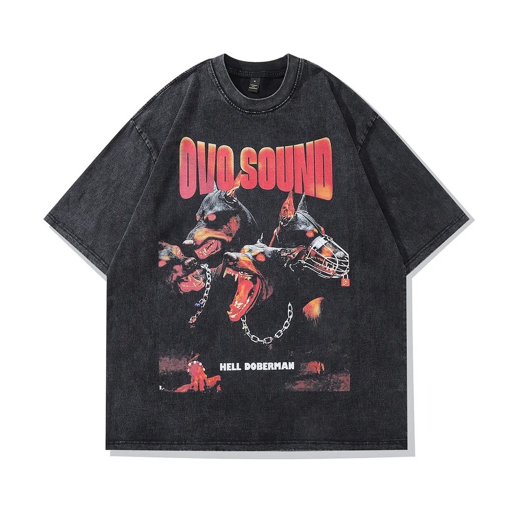 Washed Oversized Men Gothic T-Shirts Hip Hop Streetwear Doberman Dog T-Shirts