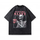 Men Vintage Acid Wash Black Skull Graphic T-Shirt