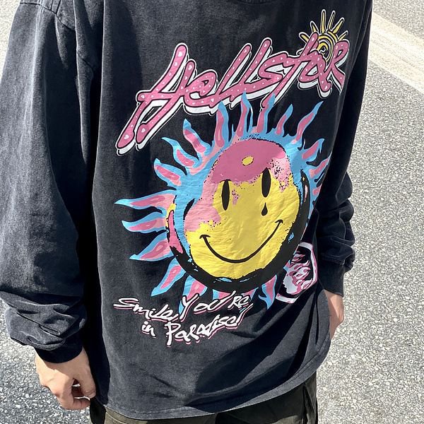 Sunflower Smiley Face Graffiti Hip Hop Vintage Washed Long Sleeve T-Shirt