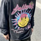 Sunflower Smiley Face Graffiti Hip Hop Vintage Washed Long Sleeve T-Shirt