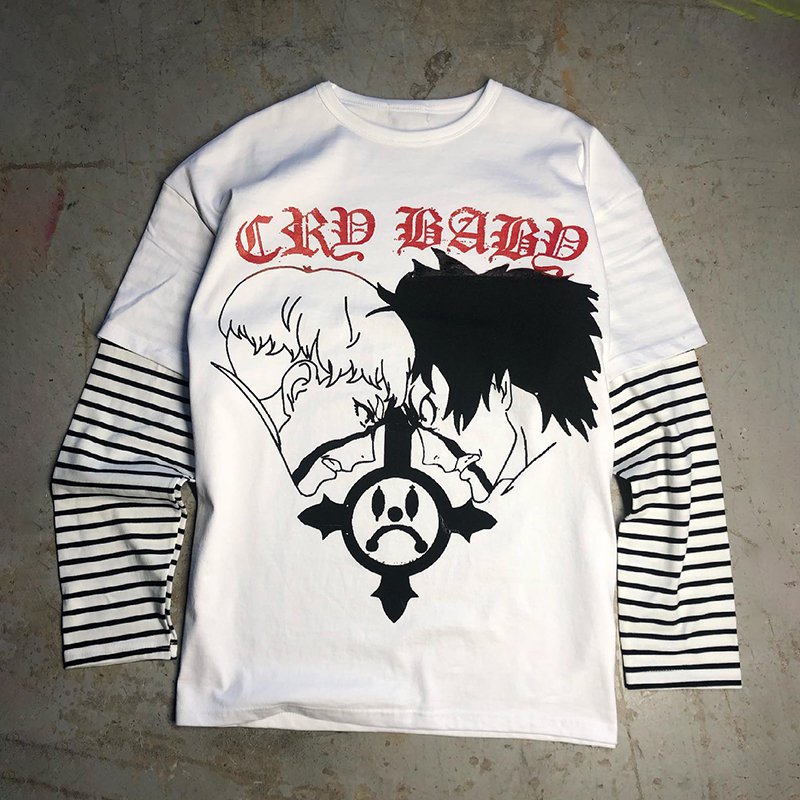 Cartoon Boy Print Striped Long Sleeves T Shirt