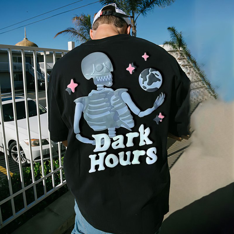 Puff Print Dark House Skull T-Shirt