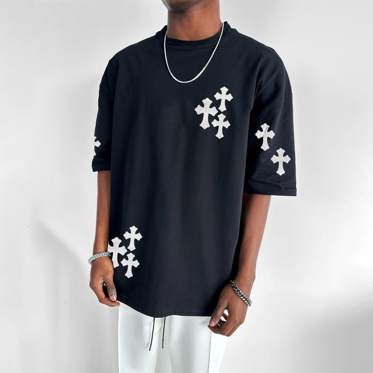 Contrast Color Cross Print Simple Short-Sleeved T-Shirt