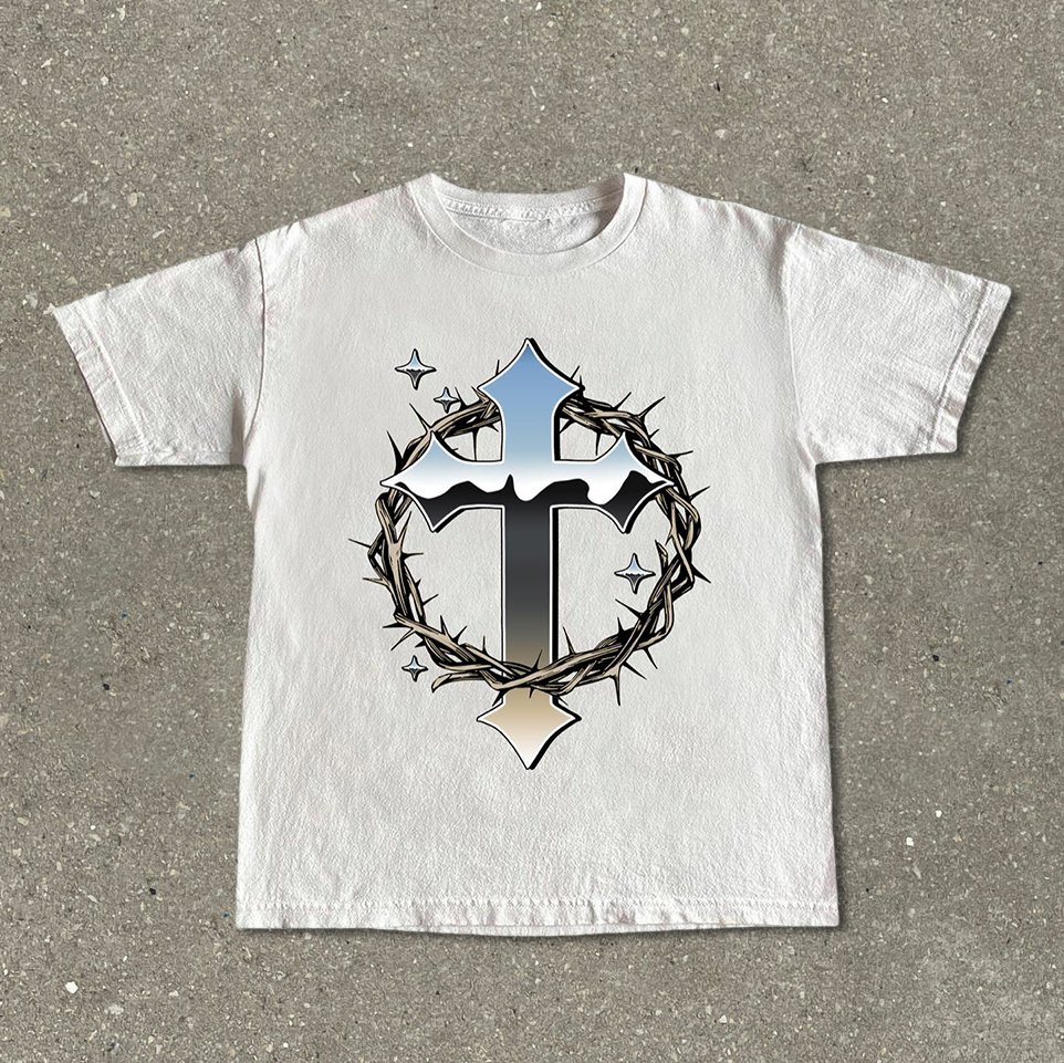 Glass Laser Jesus Cross Print Short Sleeve T-Shirt