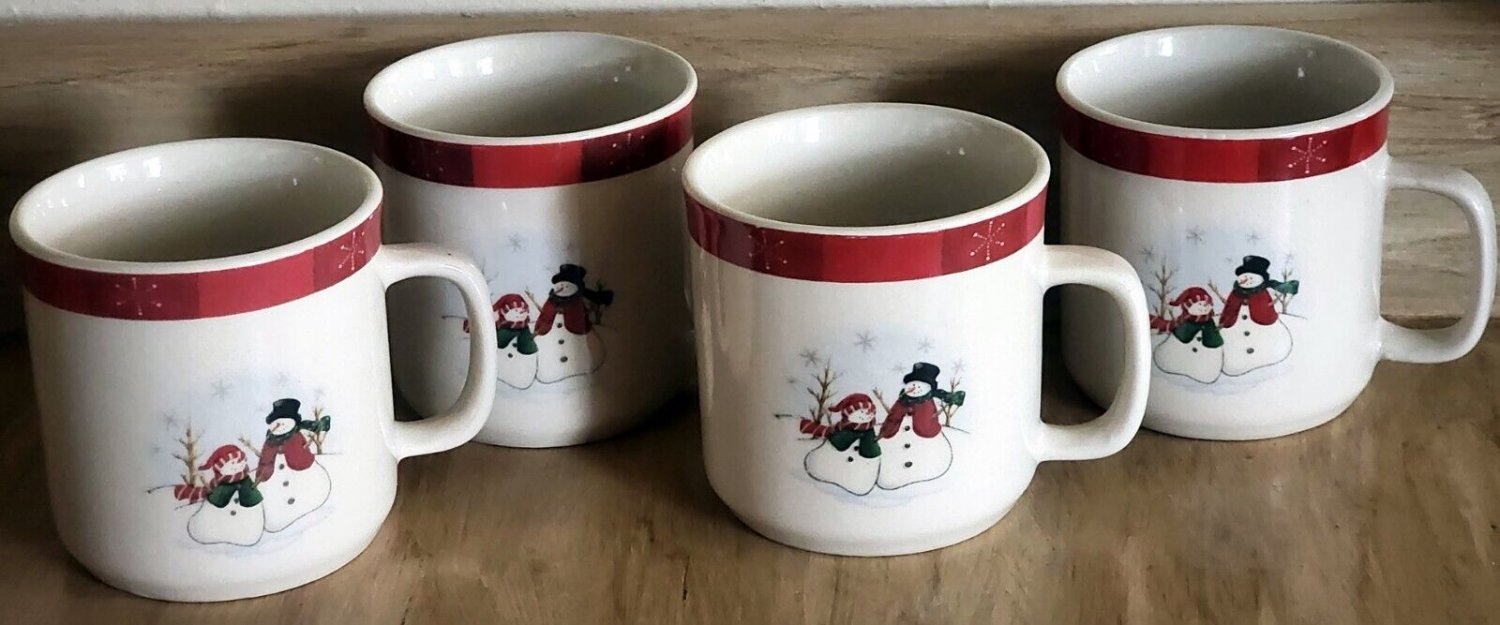 Set of 4 Royal Seasons Stoneware Snowmen Coffee Cups Holiday Mugs Tea Cocoa