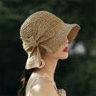 Women Vintage Fashion Folding Straw Bucket Hat Braid Summer Beach Sun Hat w/ Bow