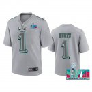 Men & Youth #1 Jalen Hurts Philadelphia Eagles Gray Super Bowl LVII Atmosphere Jersey