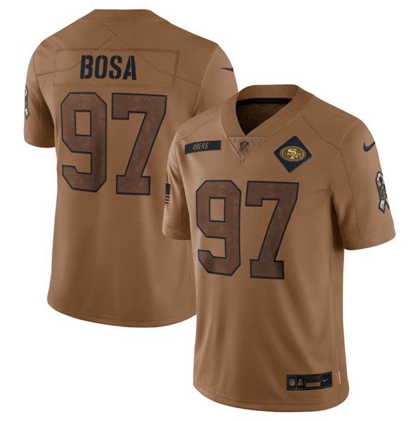 Men & Youth #97 Nick Bosa San Francisco 49ers 2023 Salute To Service Limited Brown Jersey