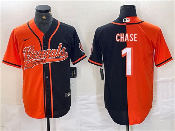 Men's Cincinnati Bengals Ja'Marr Chase Black Orange Split Cool Base Jersey