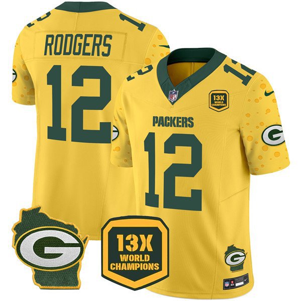 Men's Green Bay Packers Aaron Rodgers Gold 2024 F.U.S.E. 13 Time World Champions Patch Jersey