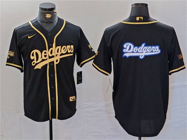 Men's Los Angeles Dodgers Team Big Logo Black Gold Cool Base With Patch Jersey