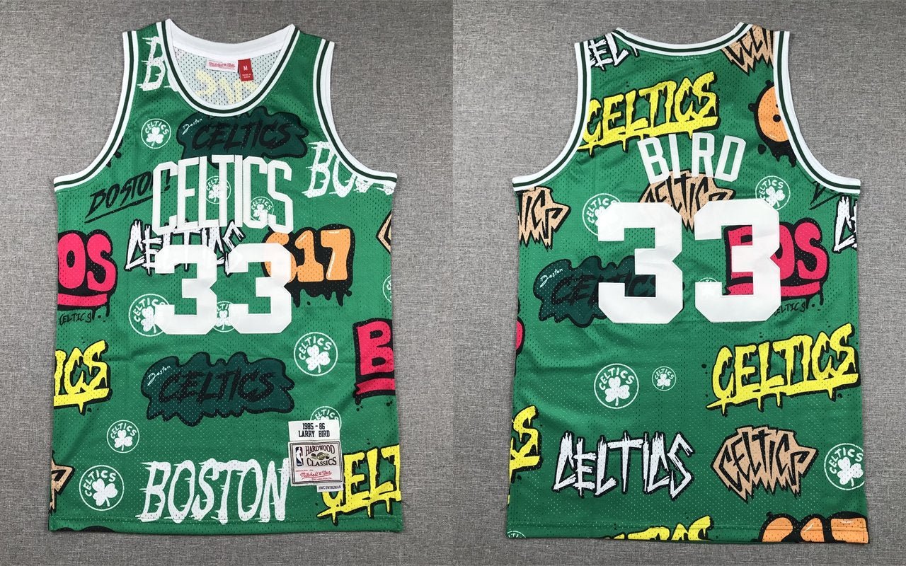 Men's Mitchell & Ness Celtics Larry Bird Swingman Graffiti Basketball Jersey