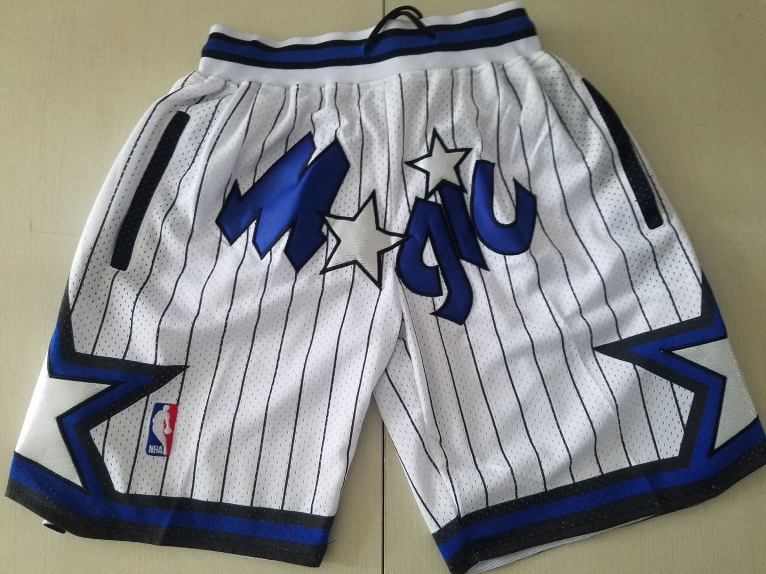 Men's Orlando Magic Stitched Basketball Striped Zipper Pockets Shorts White Pinstripe