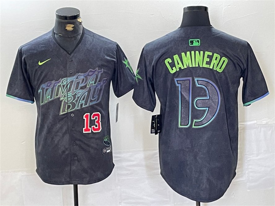 Men's Tampa Bay Rays Junior Caminero Charcoal 2024 City Connect Cool Baseball Jersey