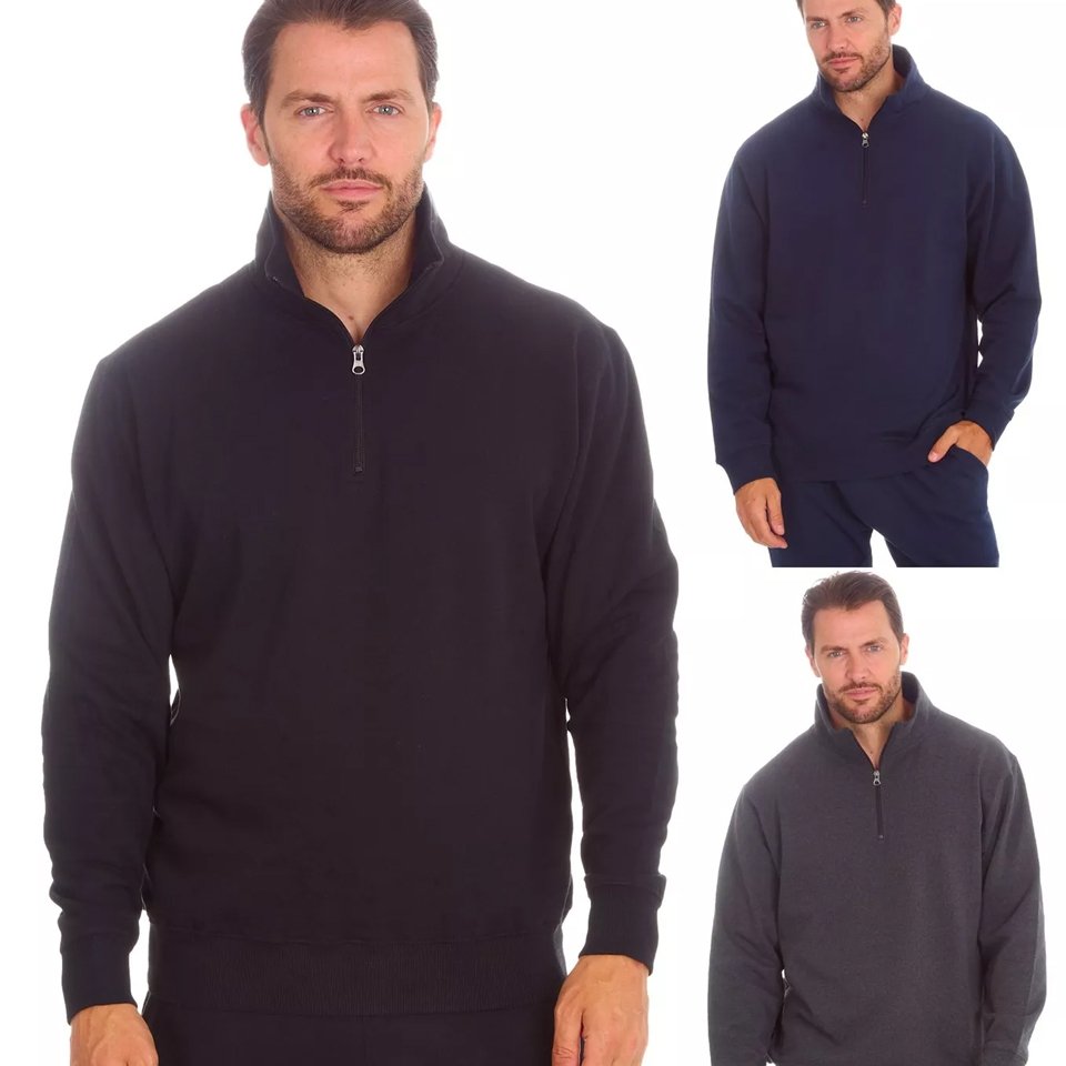 Mens Pullover Jumper Brushed Fleece Lined Quarter Zip Funnel Neck Sweatshirt
