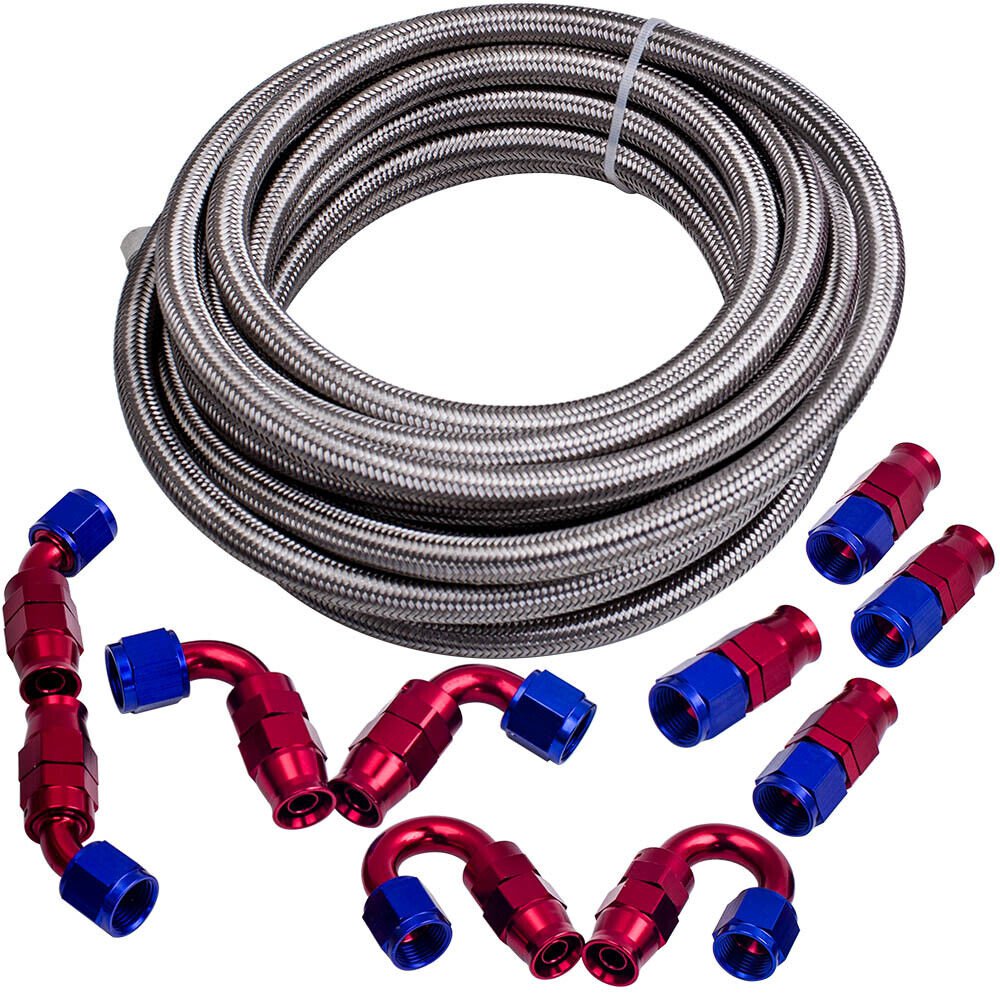 20ft 8AN PTFE Stainless Steel Braided Fuel Line Oil/Gas Hose AN8 End Fitting Kit