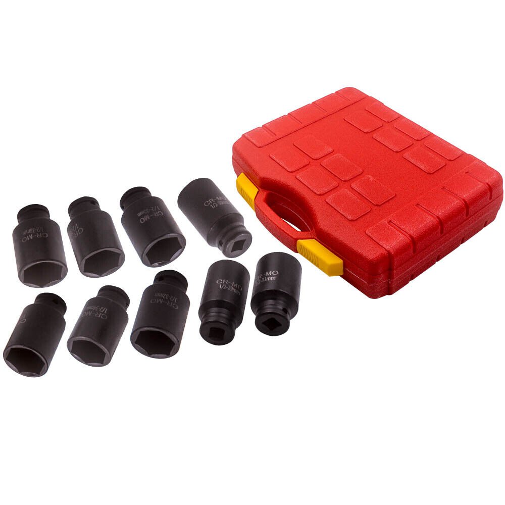 9pcs Deep Impact Socket Set 1/2" Drive Metric Axle Hub Nut Socket 29mm-36-38mm