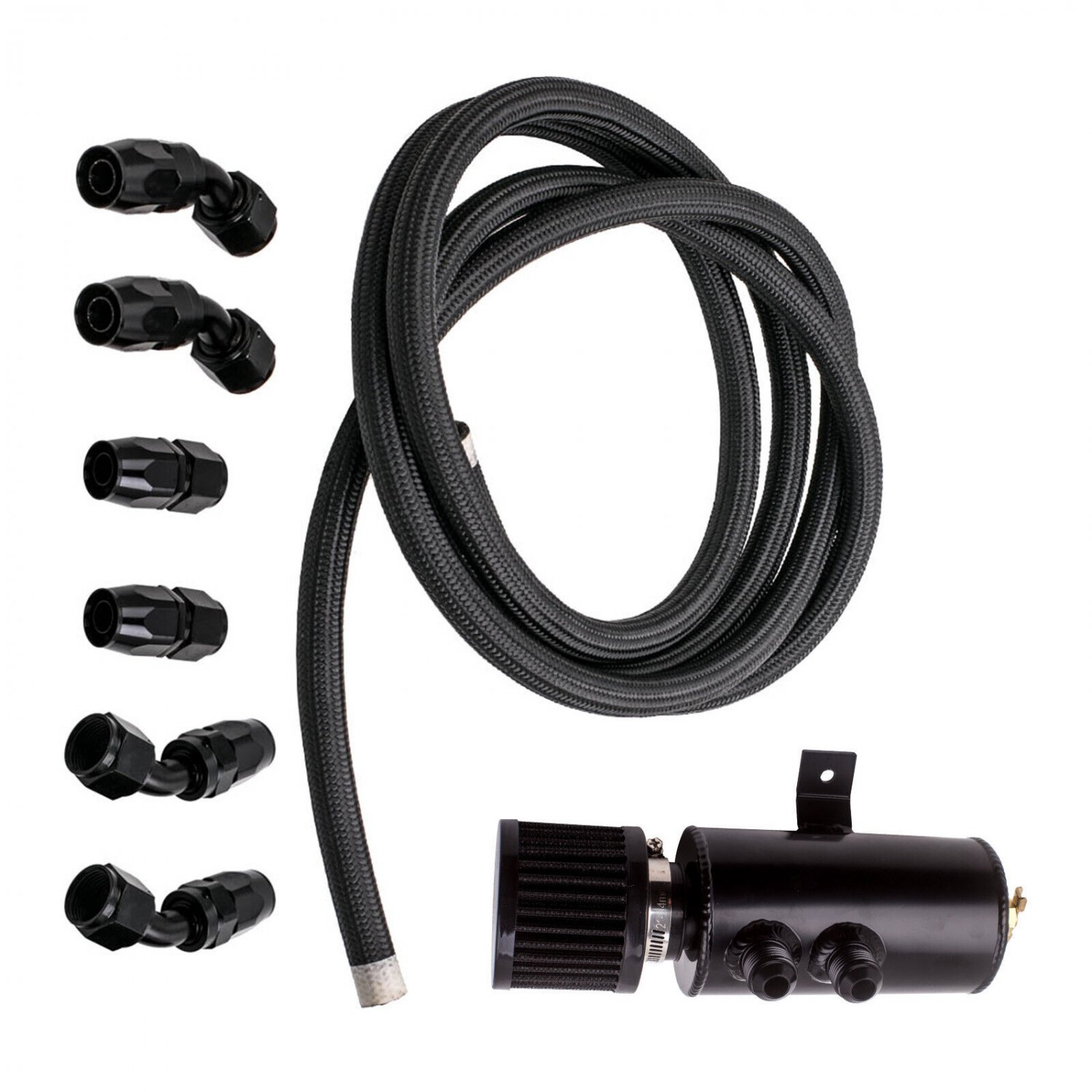 Baffled Oil Catch Can Kit Reservoir Tank with Dipstick Fuel Hose Line Bracket