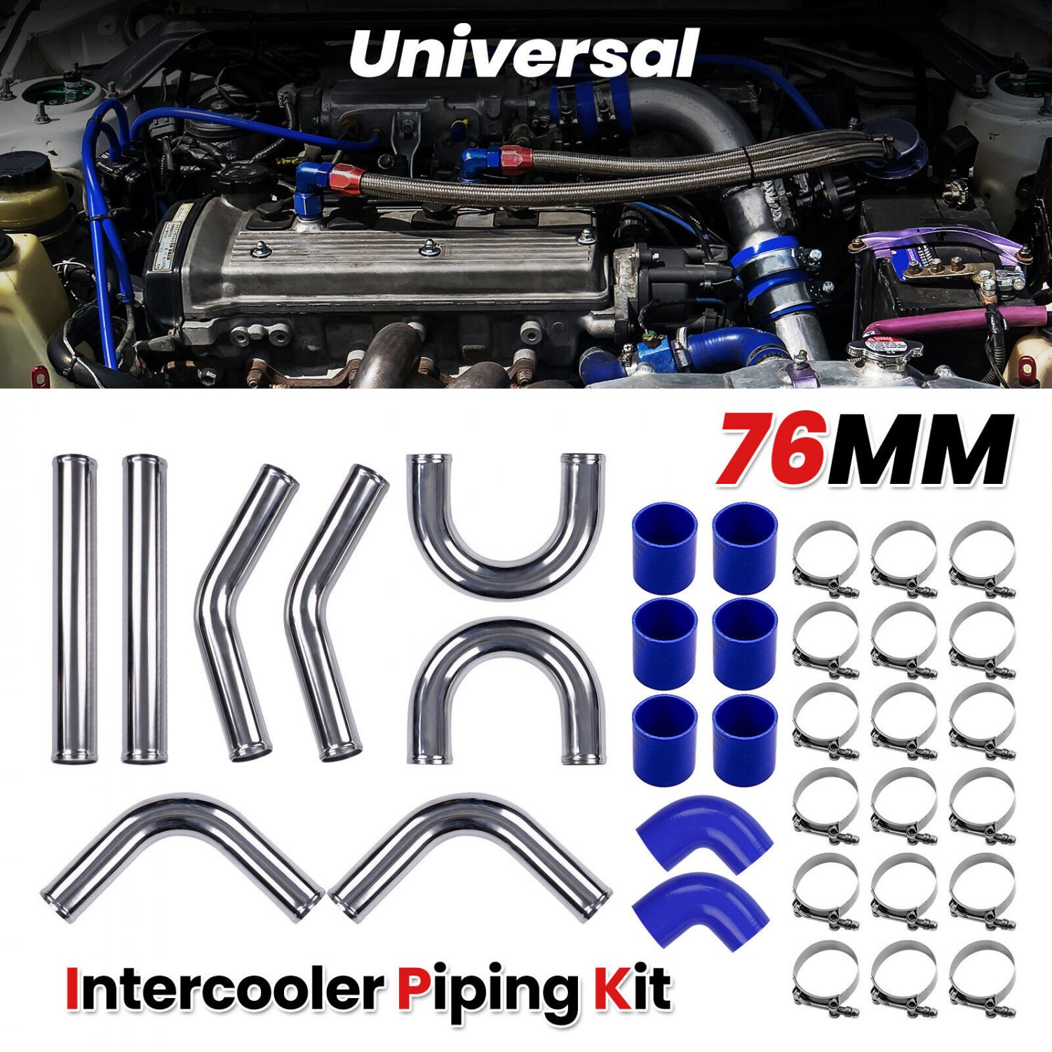 New  3'' 76mm DIY Aluminum Intercooler Pipe Kit w/ Silicone Hose & Clamps