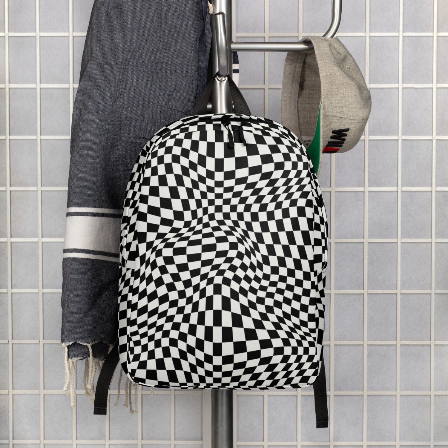 Wave Checkers, Black/White - Minimalist Backpack