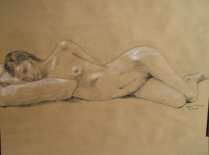 Original Black and White Conte Crayon Drawing Nude Reclining Female Art LJT
